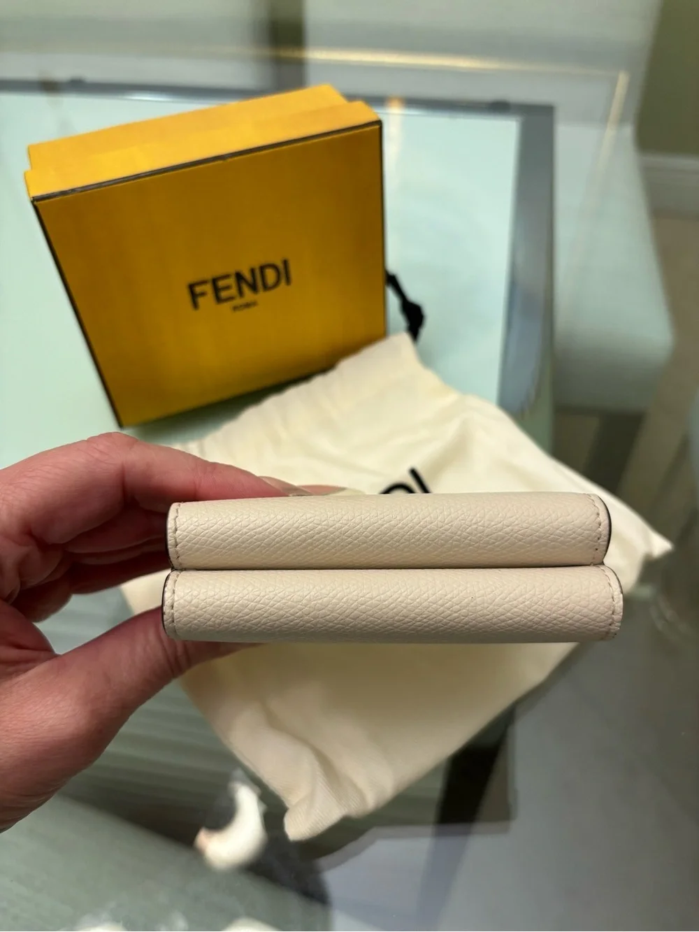 Authentic Fendi Tri-fold light pink and Cream Leather Wallet with Gold FF Logo